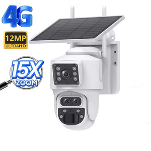 كاميرا مراقبة شمسية أحترافية 4G بشريحة بيانات 12MP بتقريب 15X زوم 6K كامرتين عدسة ثلاثية PTZ 360° مع رؤية ليلية ملونة وكشف حركة ذكي يوبوكس كاميرا طاقة شمسية