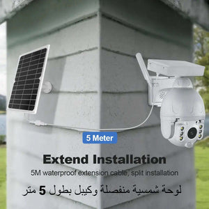 كاميرا مراقبة بطاقة شمسية 4G شريحة بيانات لوحة شمسية منفصلة بطول 5 متر كاشف للحركة بالأشعة تحت الحمراء صوت ثنائي الأتجاة خاصية الميل بزاوية 360 درجة كاميرا طاقة شمسية