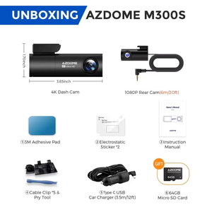 كاميرا داش كام ازدوم AZDOME M300S 4K أمامية وخلفية، واي فاي GPS 5.8G للسيارات، بطاقة ذاكرة سعة 64 جيجابايت مجانية، تحكم صوتي، رؤية ليلية داش كام