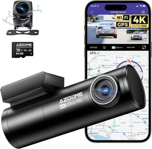 كاميرا سيارة داش كام ازدوم AZDOME M300S 4K أمامية وخلفية - نظام ADAS مدمج مع واي فاي وGPS وتحكم صوتي ورؤية ليلية فائقة وبطاقة ذاكرة 64 جيجا مجانية للسيارات داش كام