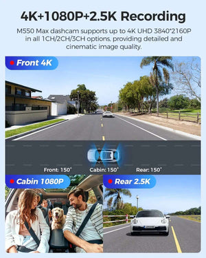 ازدوم داش كام Azdome M550 MAX 4K 3CH ماكس 3 كاميرات أمامية وخلفية وداخلية واي فاي رؤية ليلية جي بي اس مستشعرحوادث نظام تحديد مسار شاشة ركن السيارة داش كام