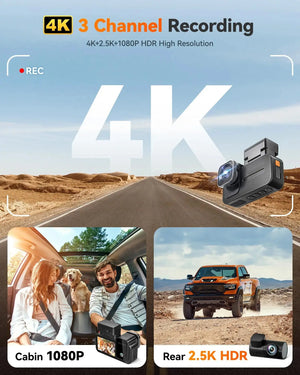 كاميرا سيارة WOLFBOX X5 ثلاثية القنوات 4K - داش كام STARVIS 2 IMX678 بدقة 4K+2.5K، كاميرا أمامية وخلفية وداخلية، واي فاي 5.8 جيجاهرتز، مرآة DVR داش كام ذكية الذيب sweety1 داش كام