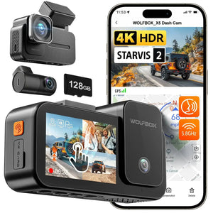 كاميرا سيارة WOLFBOX X5 ثلاثية القنوات 4K - داش كام STARVIS 2 IMX678 بدقة 4K+2.5K، كاميرا أمامية وخلفية وداخلية، واي فاي 5.8 جيجاهرتز، مرآة DVR داش كام ذكية الذيب sweety1 داش كام
