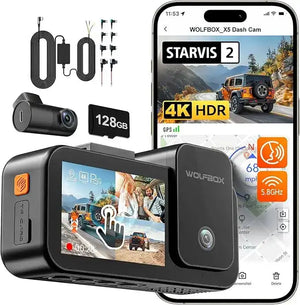 كاميرا سيارة WOLFBOX X5 ثلاثية القنوات 4K - داش كام STARVIS 2 IMX678 بدقة 4K+2.5K، كاميرا أمامية وخلفية وداخلية، واي فاي 5.8 جيجاهرتز، مرآة DVR داش كام ذكية الذيب sweety1 داش كام