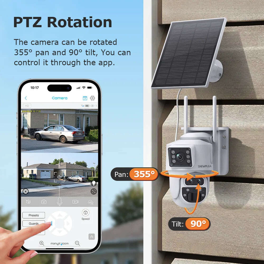 كاميرا مراقبة شمسية أحترافية 4G بشريحة بيانات 12MP بتقريب 15X زوم 6K كامرتين عدسة ثلاثية PTZ 360° مع رؤية ليلية ملونة وكشف حركة ذكي يوبوكس كاميرا طاقة شمسية