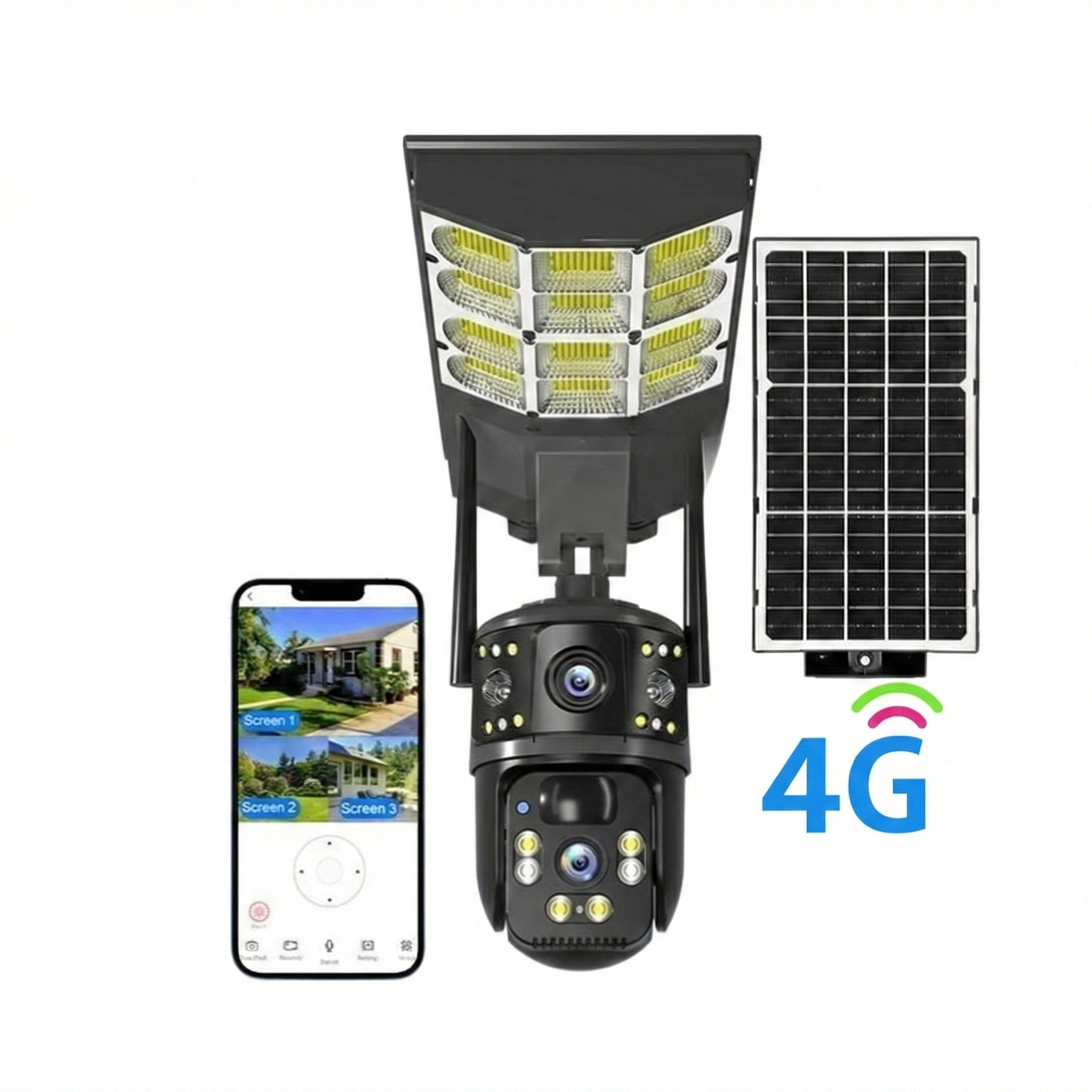كاميرا مراقبة بشريحة بيانات 4G بطاقة شمسية مصباح اضواء الشارع بكمرتين و 3 شاشات مع إضاءة LED للمزارع والشوارع مقاومة للماء رؤية الليلية مستشعر تلقائي sweety1 كاميرات مراقبة