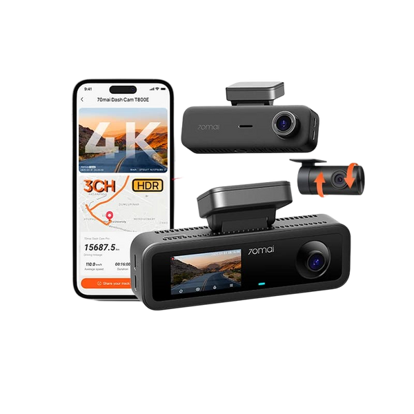 كاميرا داش كام 70mai T800E 4K ثلاثية القنوات أمامية وداخلية وخلفية مع GPS وواي فاي وتحكم صوتي ومراقبة دعم وقوف 24 ساعة بمكثف فائق