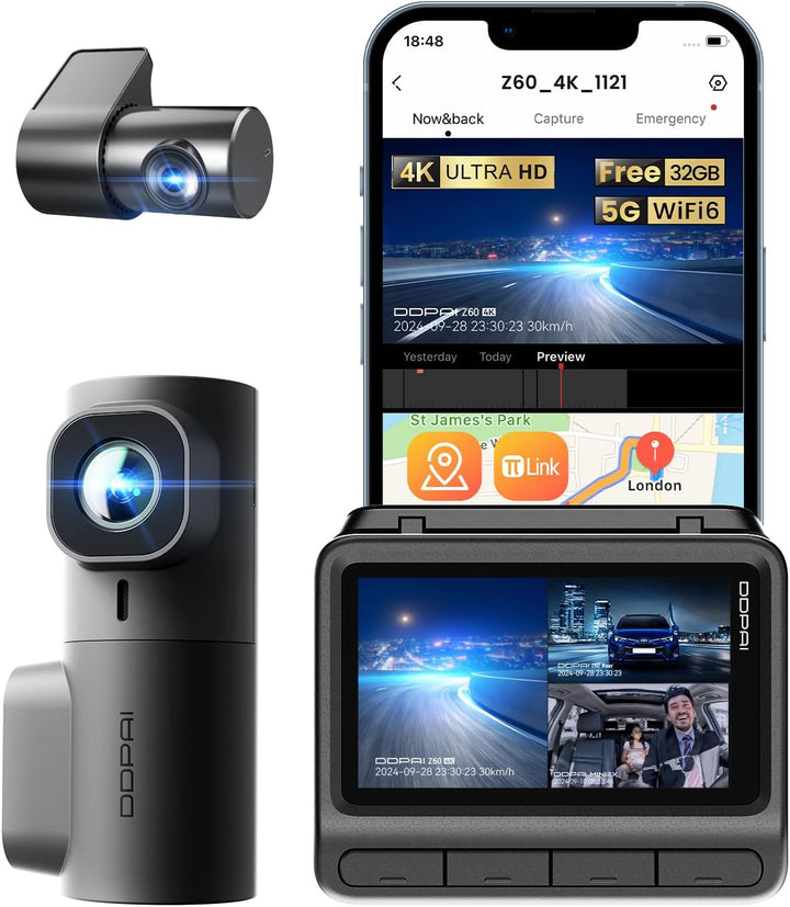 كاميرا داش DDPAI Z60 دي دي باي 3 كاميرات 4K+1080 مستشعر مزدوج واي فاي GPS ذاكرة داخلية 32 جيجا رؤية ليلية IPS 3 HDR، ADAS، وقوف 24 ساعة قياس تسارع sweety1