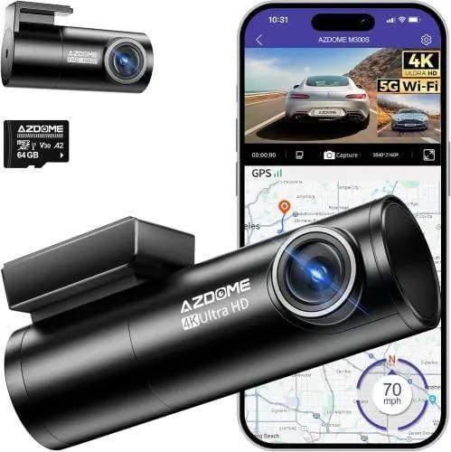 كاميرا داش كام ازدوم AZDOME M300S 4K أمامية وخلفية، واي فاي GPS 5.8G للسيارات، بطاقة ذاكرة سعة 64 جيجابايت مجانية، تحكم صوتي، رؤية ليلية داش كام