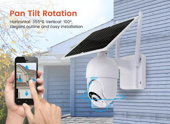 كاميرا مراقبة بالطاقة الشمسية 4G مع استشعار الحركة وتدوير بان-تلت 355°/100°، تصوير ليلي عالي الدقة 2560×1440