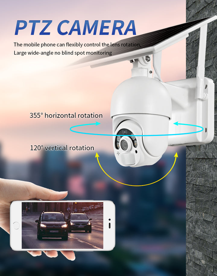 كاميرا مراقبة بالطاقة الشمسية 4G بجودة تصوير عالية مع استشعار حركة وتدوير PTZ 355°/120° ورؤية ليلي وتطبيق جوال