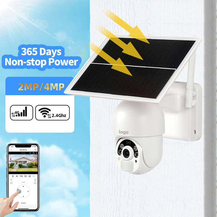 كاميرا مراقبة بالطاقة الشمسية 4G بيضاء مع لوح شمسي وتطبيق يعرض استشعار الحركة وتصوير ليلي ورؤية 120°
