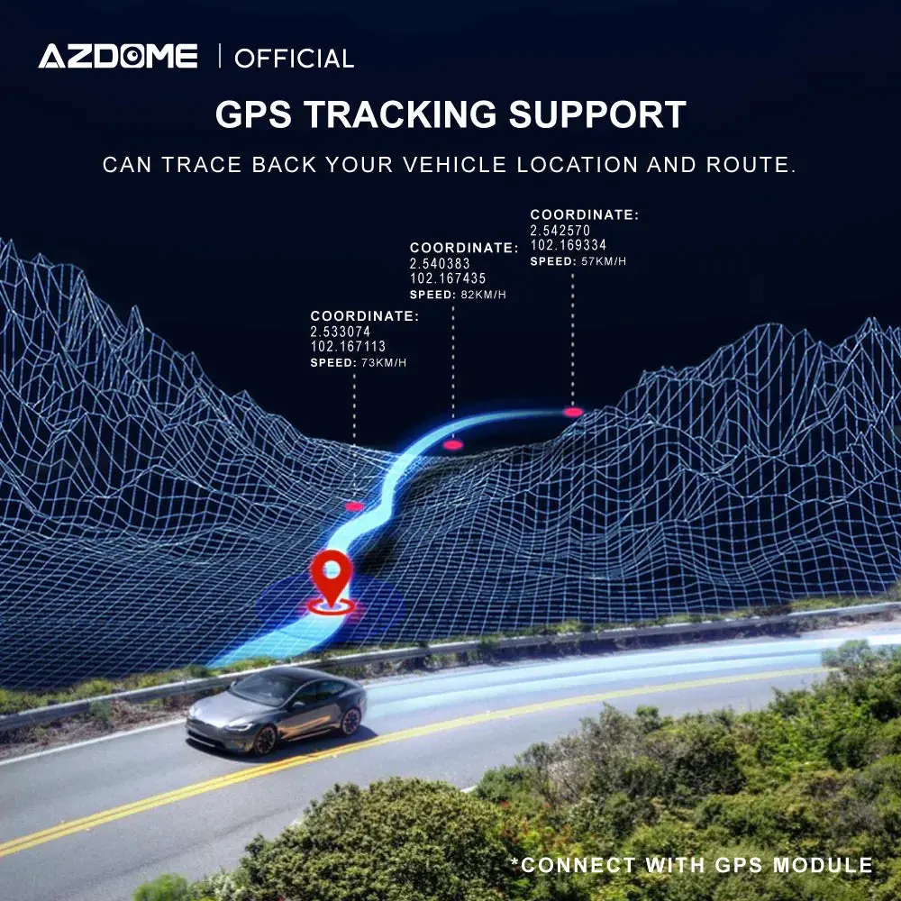 داش كام ازدوم Azdome AR09 مراية مرايا واي فاي كاميرتين جي بي اس شاشة لمس زاوية متسعة رؤية ليلية حساس الحوادث نظام جي داش كام