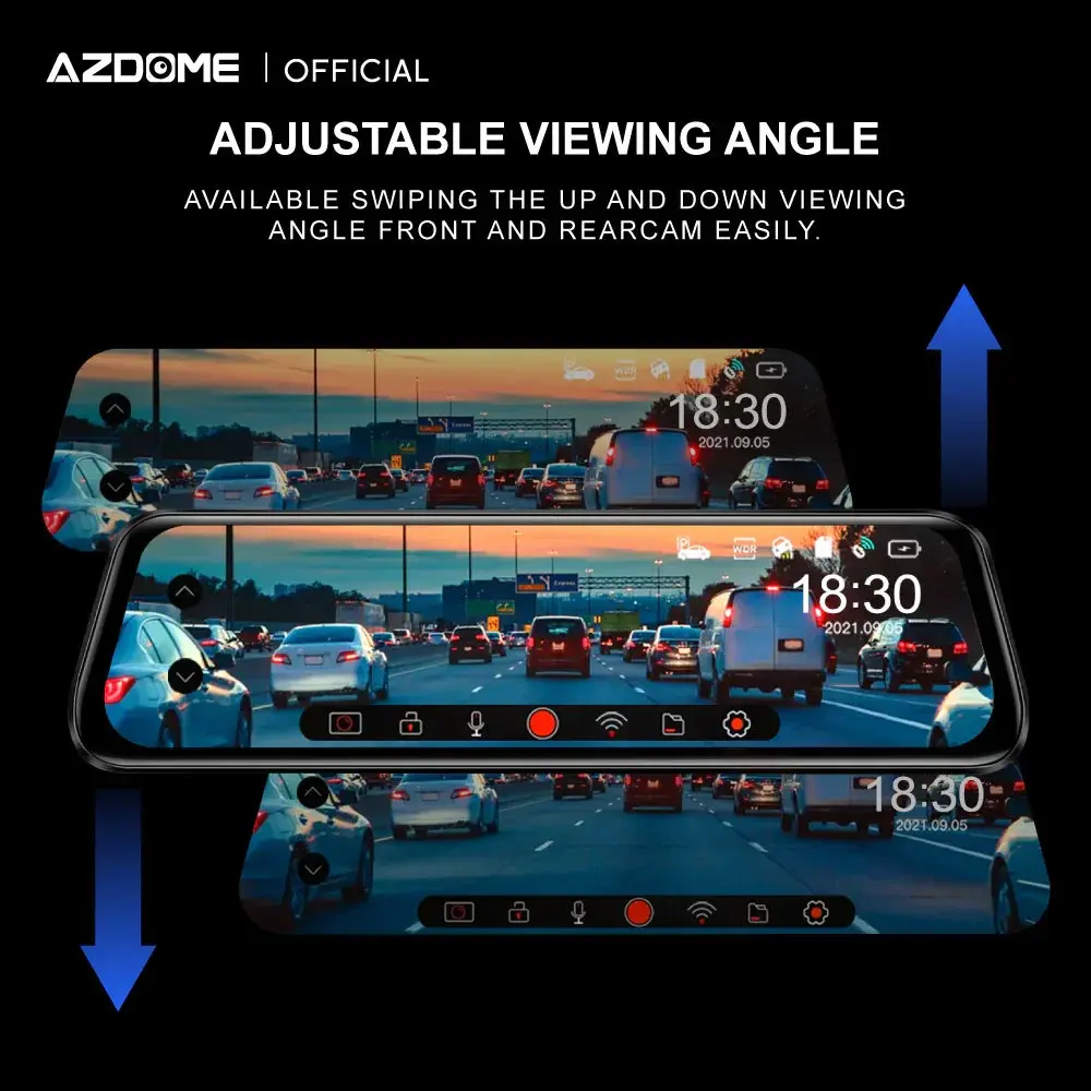 داش كام ازدوم Azdome AR09 مراية مرايا واي فاي كاميرتين جي بي اس شاشة لمس زاوية متسعة رؤية ليلية حساس الحوادث نظام جي داش كام