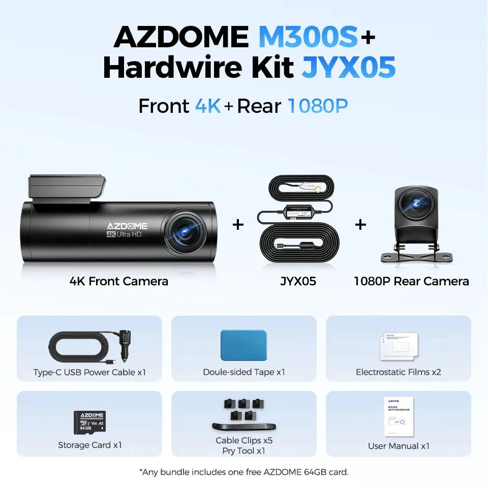كاميرا سيارة داش كام ازدوم AZDOME M300S 4K أمامية وخلفية - نظام ADAS مدمج مع واي فاي وGPS وتحكم صوتي ورؤية ليلية فائقة وبطاقة ذاكرة 64 جيجا مجانية للسيارات داش كام امامي و خفلي + كيبل الوقوف 24 ساعة خلال3 - 4 أيام مجانا 64 جيجا داش كام