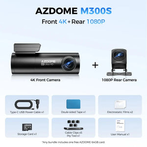 كاميرا سيارة داش كام ازدوم AZDOME M300S 4K أمامية وخلفية - نظام ADAS مدمج مع واي فاي وGPS وتحكم صوتي ورؤية ليلية فائقة وبطاقة ذاكرة 64 جيجا مجانية للسيارات داش كام امامي و خلفي خلال3 - 4 أيام مجانا 64 جيجا داش كام  افضل أحسن أرخص عروض 