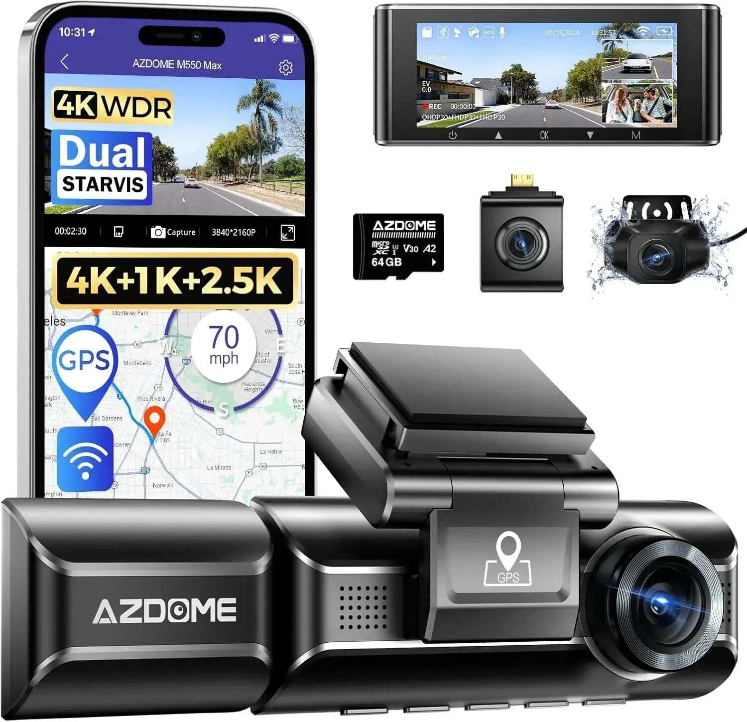 ازدوم داش كام Azdome M550 MAX 4K 3CH ماكس 3 كاميرات أمامية وخلفية وداخلية واي فاي رؤية ليلية جي بي اس مستشعرحوادث نظام تحديد مسار شاشة ركن السيارة داش كام
