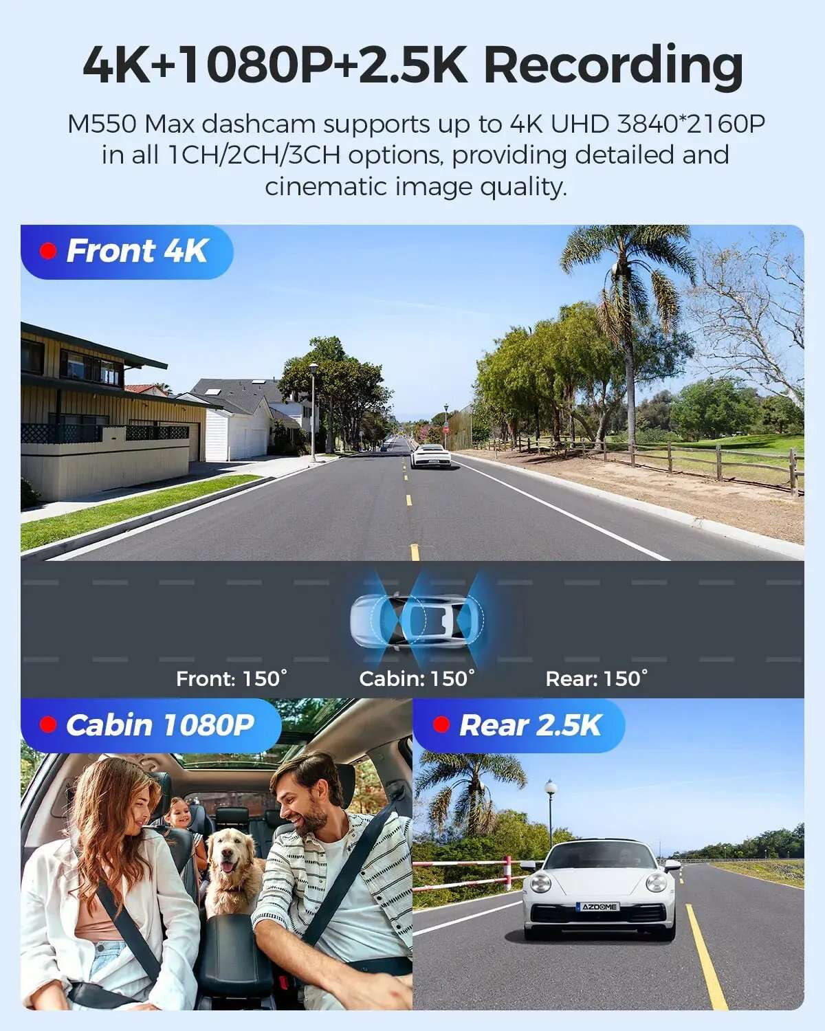 ازدوم داش كام Azdome M550 MAX 4K 3CH ماكس 3 كاميرات أمامية وخلفية وداخلية واي فاي رؤية ليلية جي بي اس مستشعرحوادث نظام تحديد مسار شاشة ركن السيارة داش كام