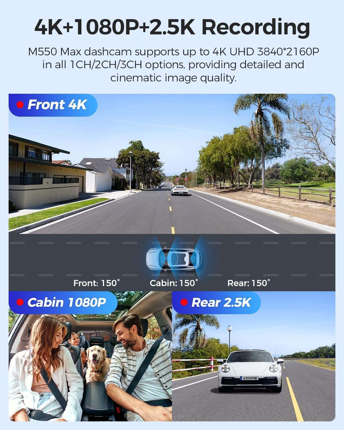 كاميرا داش كام سيارة ازدوم AZDOME M550 Max 4K ثلاثية القنوات - تسجيل أمامي وخلفي وداخلي بدقة 4K+2.5K+1080P مع واي فاي وGPS مدمج ورؤية ليلية بالأشعة تحت الحمراء وبطاقة ذاكرة 64 جيجا sweety1 داش كام