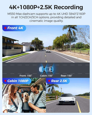 كاميرا داش كام سيارة ازدوم AZDOME M550 Max 4K ثلاثية القنوات - تسجيل أمامي وخلفي وداخلي بدقة 4K+2.5K+1080P مع واي فاي وGPS مدمج ورؤية ليلية بالأشعة تحت الحمراء وبطاقة ذاكرة 64 جيجا sweety1 داش كام