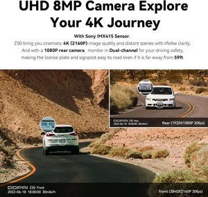 داش كام DDPAI Z50 أمامية وخلفية 4K سوني IMX415 واي فاي GPS رؤية ليلية تخزين مزدوج مراقبة 24 ساعة داش كام