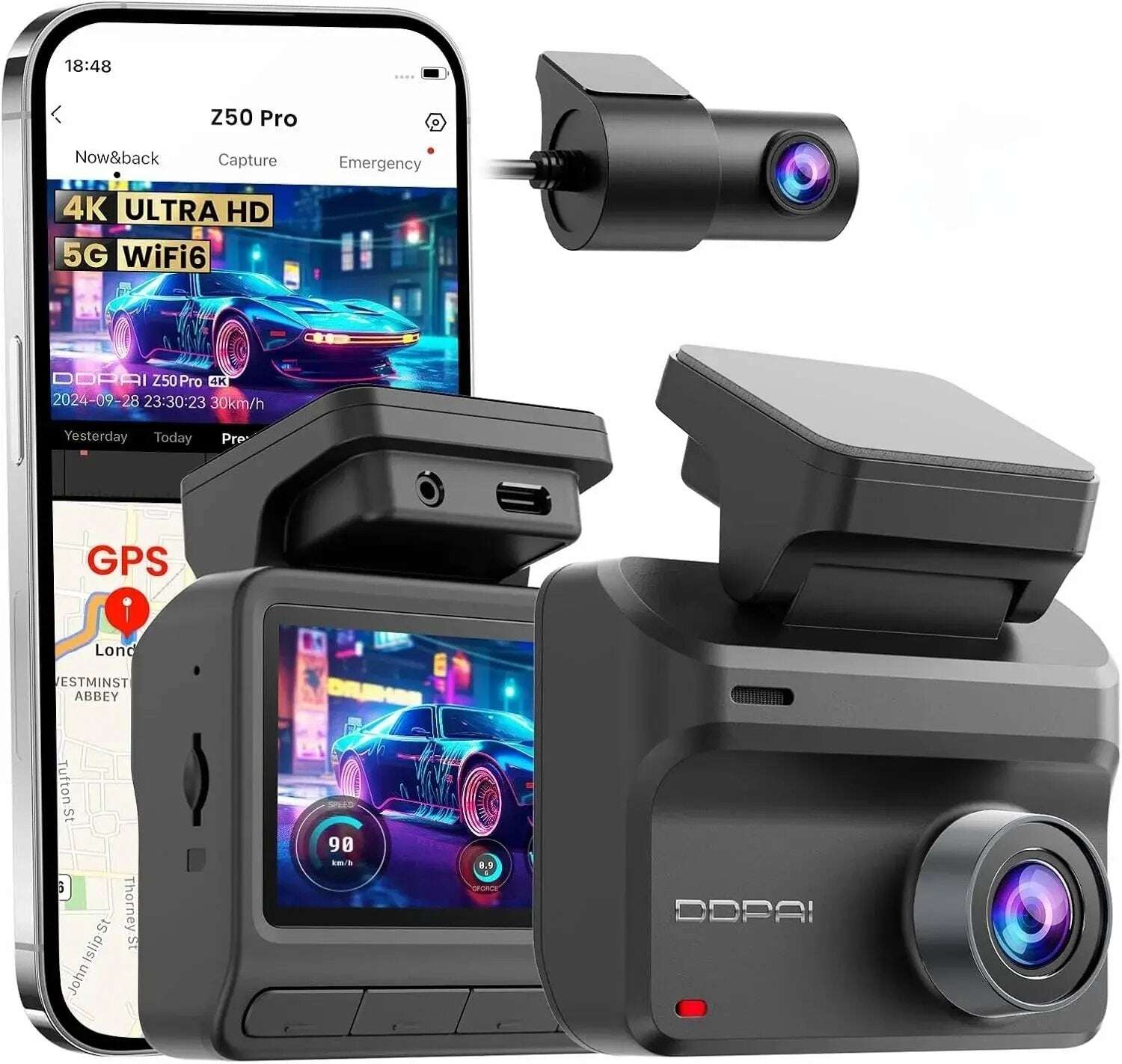 داش كام DDPAI Z50 Pro أمامية وخلفية 4K واي فاي 5G GPS شاشة IPS رؤية ليلية AI مراقبة 48 ساعة ADAS داش كام