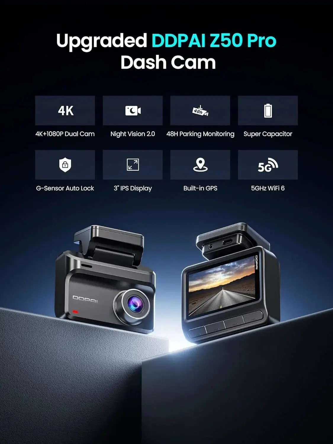 داش كام DDPAI Z50 Pro أمامية وخلفية 4K واي فاي 5G GPS شاشة IPS رؤية ليلية AI مراقبة 48 ساعة ADAS داش كام امازون   افضل أحسن أرخص عروض مجانا 