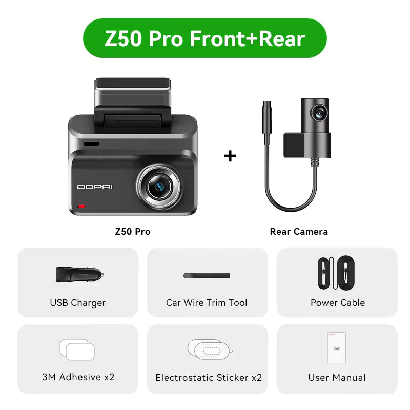 داش كام DDPAI Z50 Pro أمامية وخلفية 4K واي فاي 5G GPS شاشة IPS رؤية ليلية AI مراقبة 48 ساعة ADAS داش كام كاميرا أمامية و خلفية داش كام