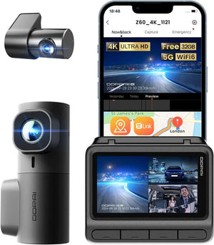 كاميرا داش DDPAI Z60 دي دي باي 3 كاميرات 4K+1080 مستشعر مزدوج واي فاي GPS ذاكرة داخلية 32 جيجا رؤية ليلية IPS 3 HDR، ADAS، وقوف 24 ساعة قياس تسارع داش كام