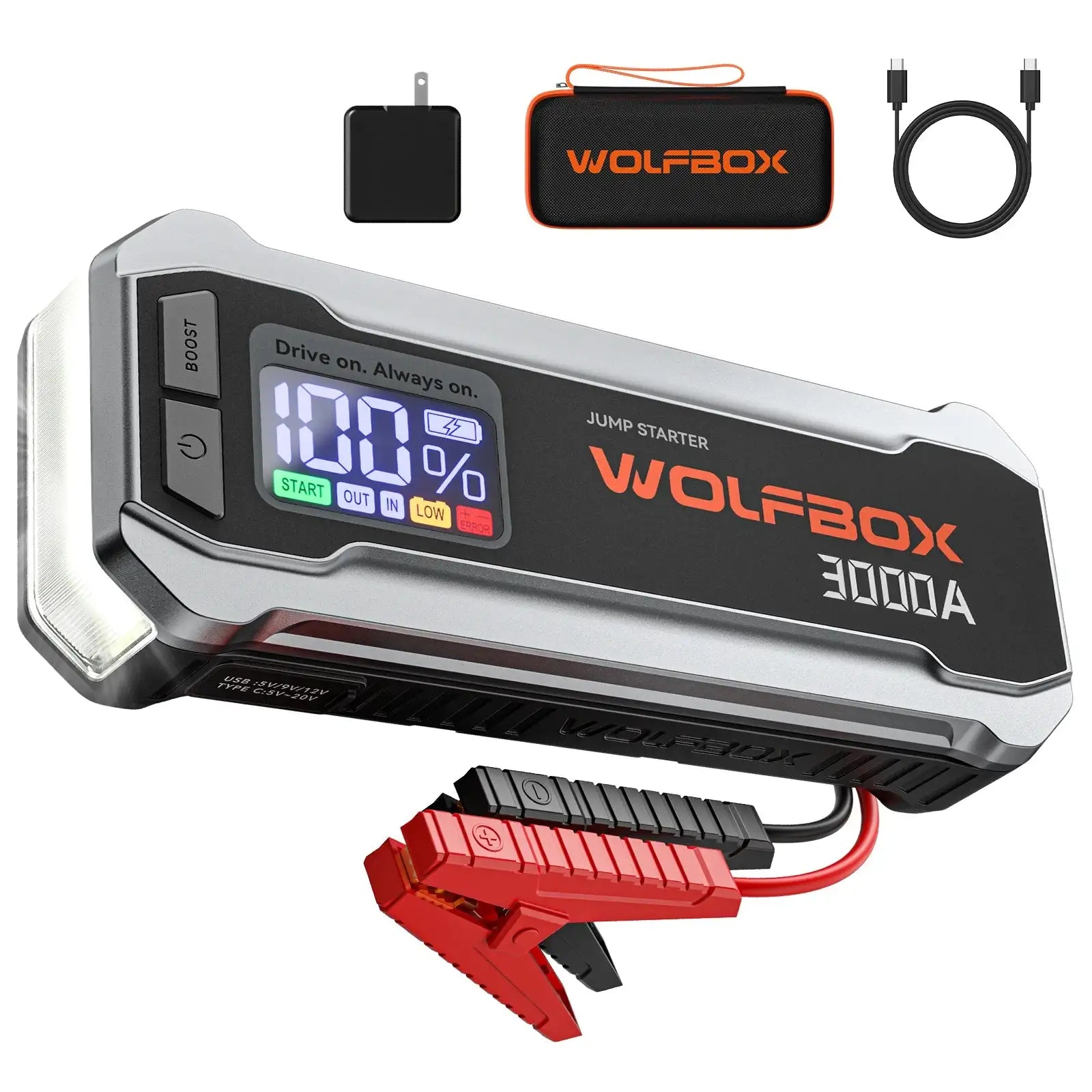 جمبر اشتراك بطارية السيارة WOLFBOX 3000A - شاحن بطارية سيارة 12 فولت بقوة 3000 أمبير، شحن سريع 65 واط، سعة 16000 مللي أمبير، لمحركات البنزين 8 لتر والديزل 6 لتر مع معزز الطاقة sweety1 اكسسوارات السيارات