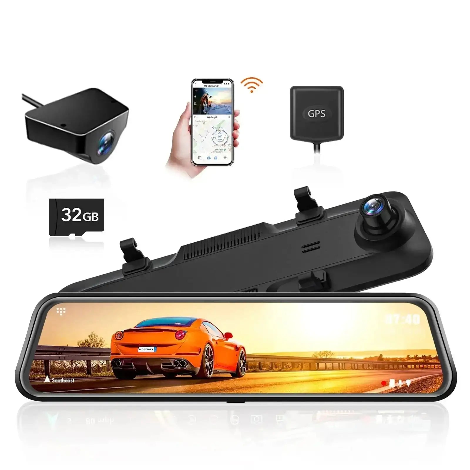 كاميرا داش كام سيارة الذيب WOLFBOX G840H واي فاي 2.5K+1080P مرآة امامية و خلفية GPS مسجل قيادة ذكي شاشة لمس داش كام خلال 3-4 ايام داش كام