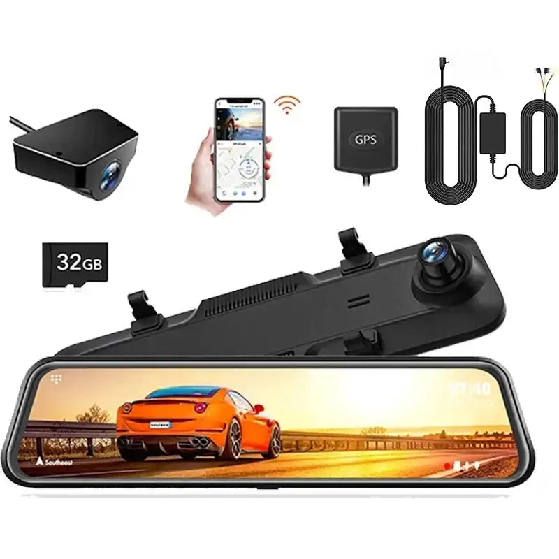 كاميرا داش كام سيارة الذيب WOLFBOX G840H واي فاي 2.5K+1080P مرآة امامية و خلفية GPS مسجل قيادة ذكي شاشة لمس داش كام مع كيبل مراقبة 24 ساعة خلال 3-4 ايام داش كام