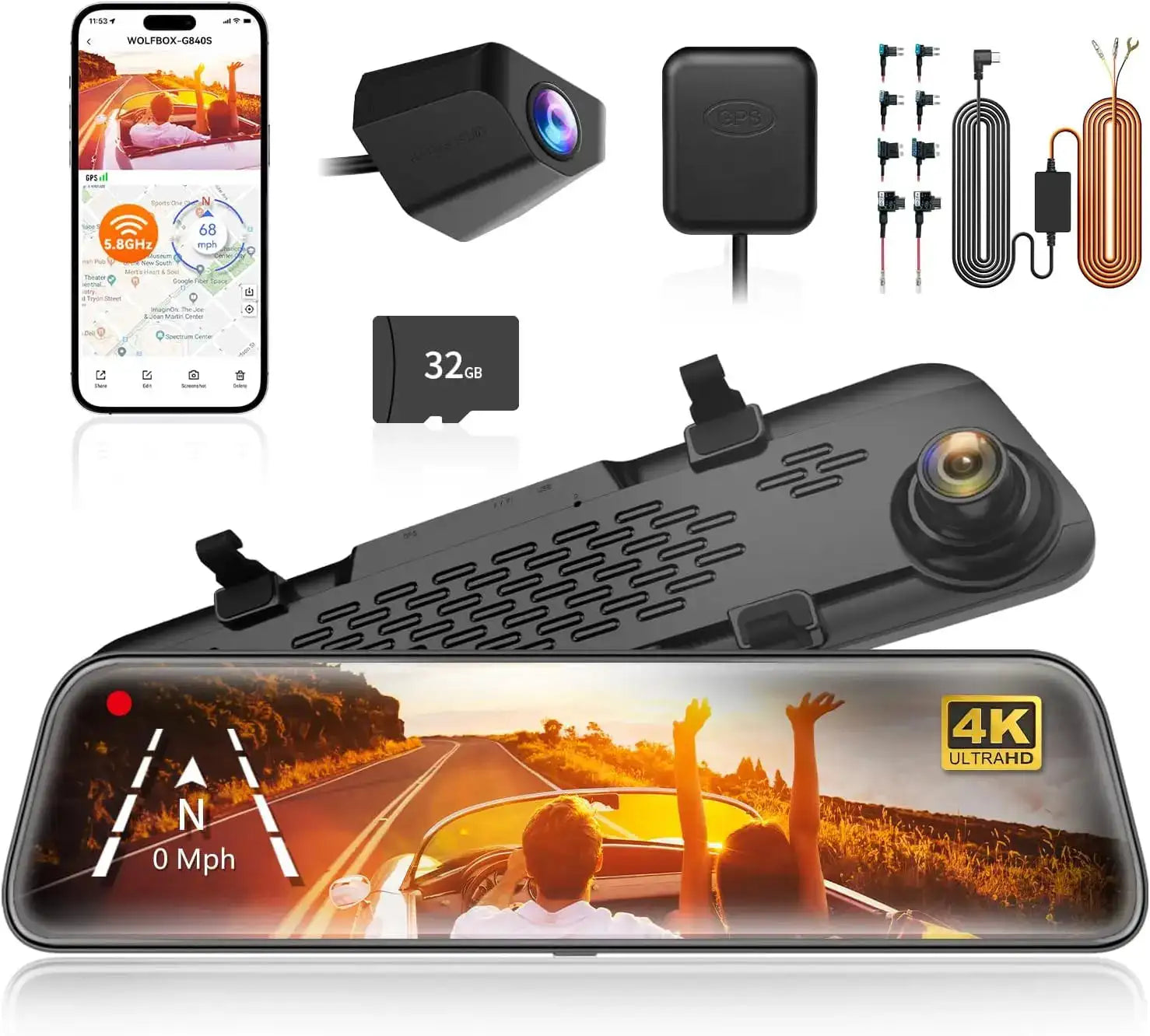 كاميرا داش كام الذيب لسيارة WOLFBOX G840S بشاشة 12 بوصة IPS - داش كام 4K مرآة رؤية خلفية مع GPS، تسجيل فيديو، رؤية ليلية HD، كاميرا مزدوجة، مسجل DVR، مراقبة الركن sweety1 داش كام