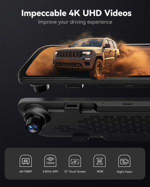 كاميرا داش كام الذيب لسيارة WOLFBOX G840S بشاشة 12 بوصة IPS - داش كام 4K مرآة رؤية خلفية مع GPS، تسجيل فيديو، رؤية ليلية HD، كاميرا مزدوجة، مسجل DVR، مراقبة الركن sweety1 داش كام