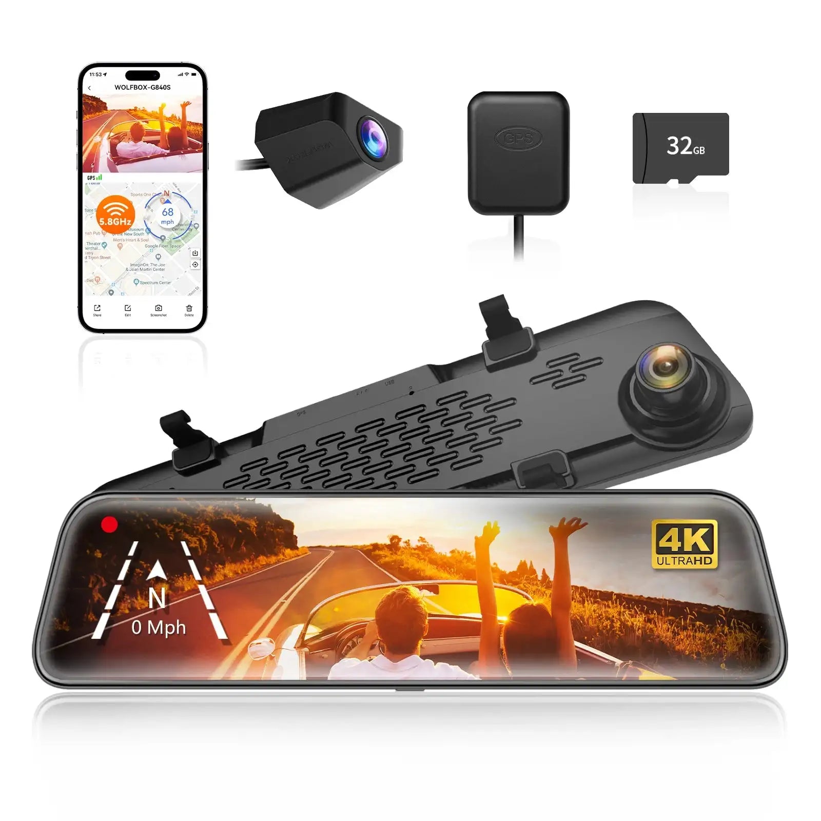 كاميرا داش كام الذيب لسيارة WOLFBOX G840S بشاشة 12 بوصة IPS - داش كام 4K مرآة رؤية خلفية مع GPS، تسجيل فيديو، رؤية ليلية HD، كاميرا مزدوجة، مسجل DVR، مراقبة الركن sweety1 داش كام