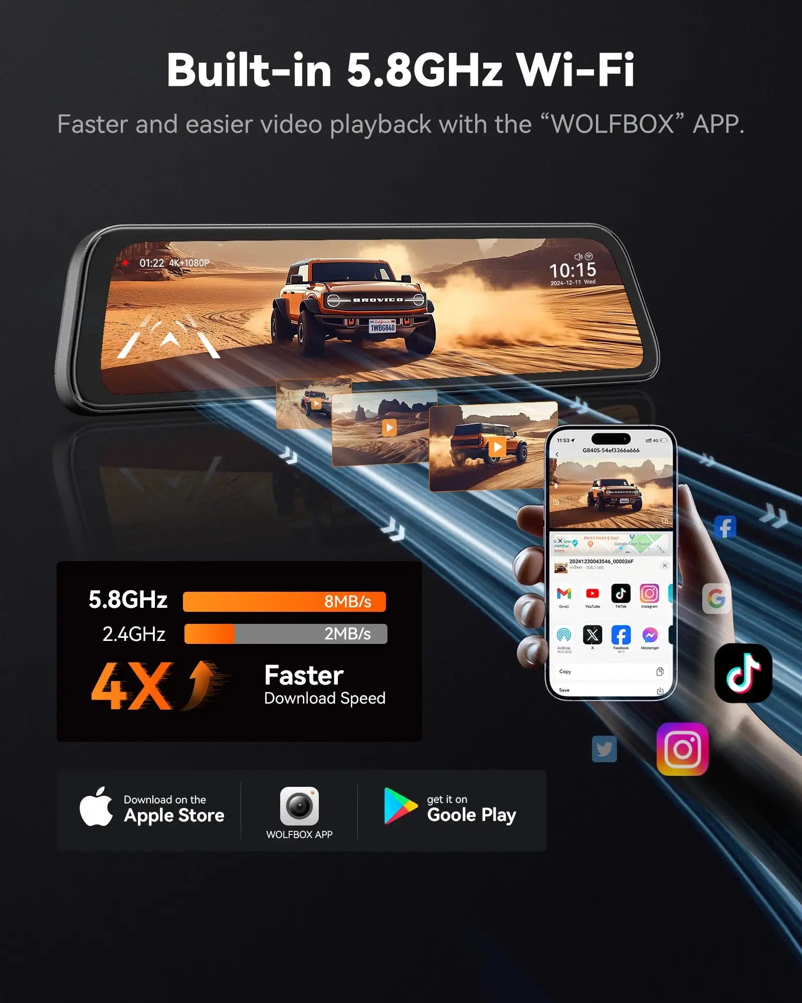 كاميرا داش كام الذيب لسيارة WOLFBOX G840S بشاشة 12 بوصة IPS - داش كام 4K مرآة رؤية خلفية مع GPS، تسجيل فيديو، رؤية ليلية HD، كاميرا مزدوجة، مسجل DVR، مراقبة الركن sweety1 داش كام