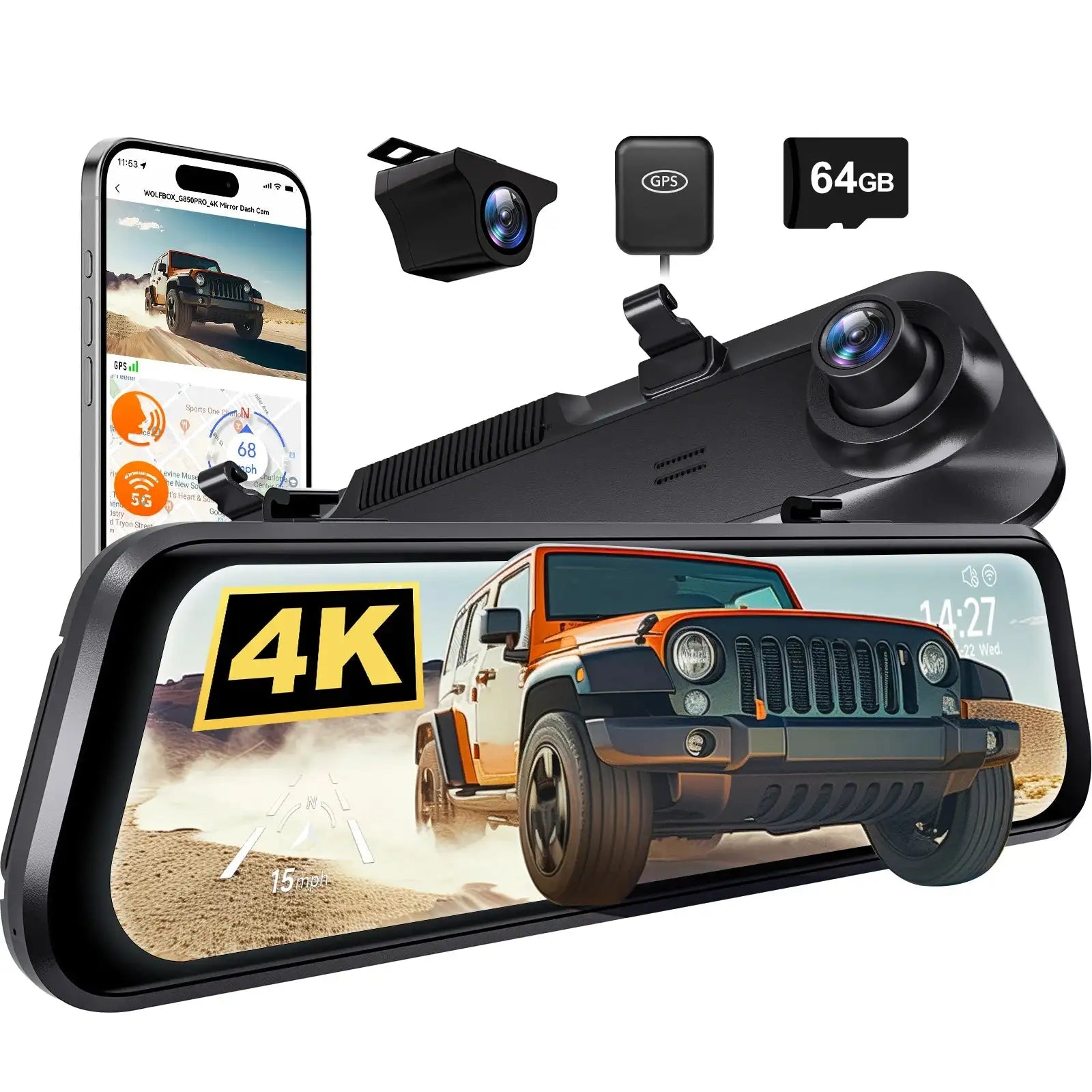 كاميرا داش كام لسيارة WOLFBOX G850 PRO 4K WiFi بشاشة 12 بوصة - مرآة داش كام مع ADAS وBSD، واي فاي 5.8 جيجاهرتز، تحكم صوتي، مسجل DVR، مرآة رؤية خلفية ذكية sweety1 داش كام
