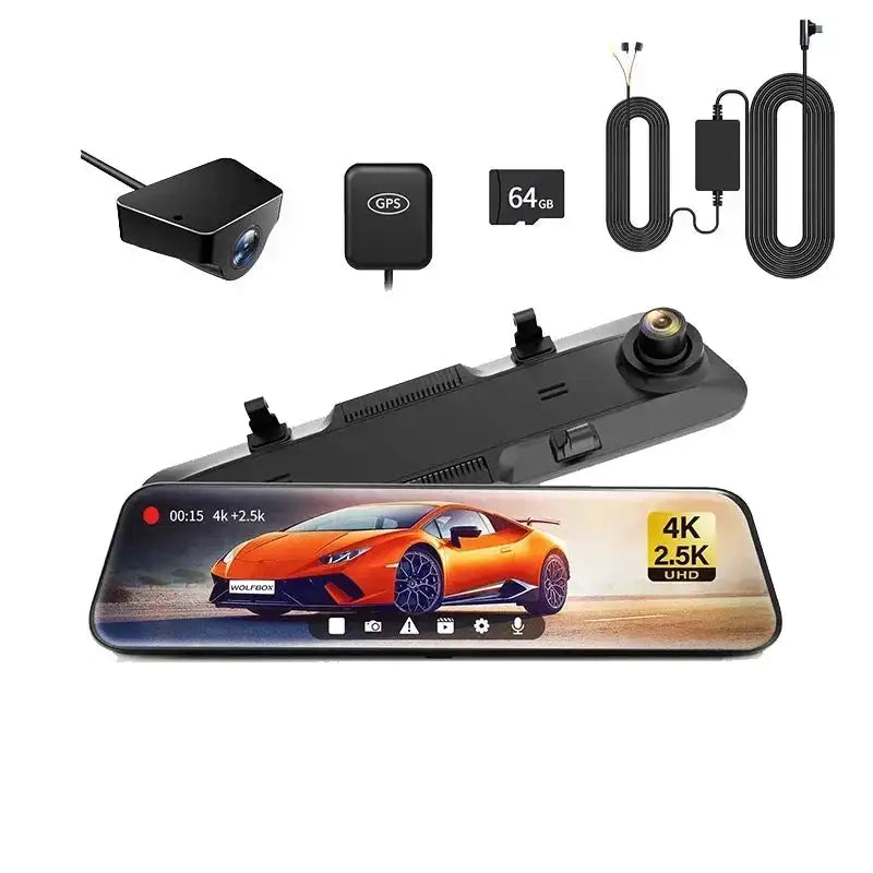 كاميرا داش كام سيارة الذيب WOLFBOX G900 بدقة 4K+2.5K مرآة أمامية و كاميرا خلفية شاشة لمس IPS 12 بوصة مع GPS ونظام WDR داش كام مع كيبل مراقبة 24 ساعة المستودع المحلي مجانا 64 جيجا داش كام