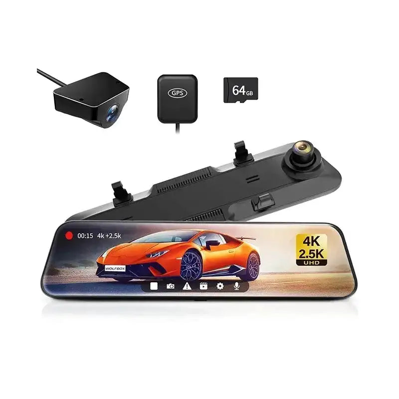 كاميرا داش كام سيارة الذيب WOLFBOX G900 بدقة 4K+2.5K مرآة أمامية و كاميرا خلفية شاشة لمس IPS 12 بوصة مع GPS ونظام WDR داش كام المستودع المحلي مجانا 64 جيجا داش كام