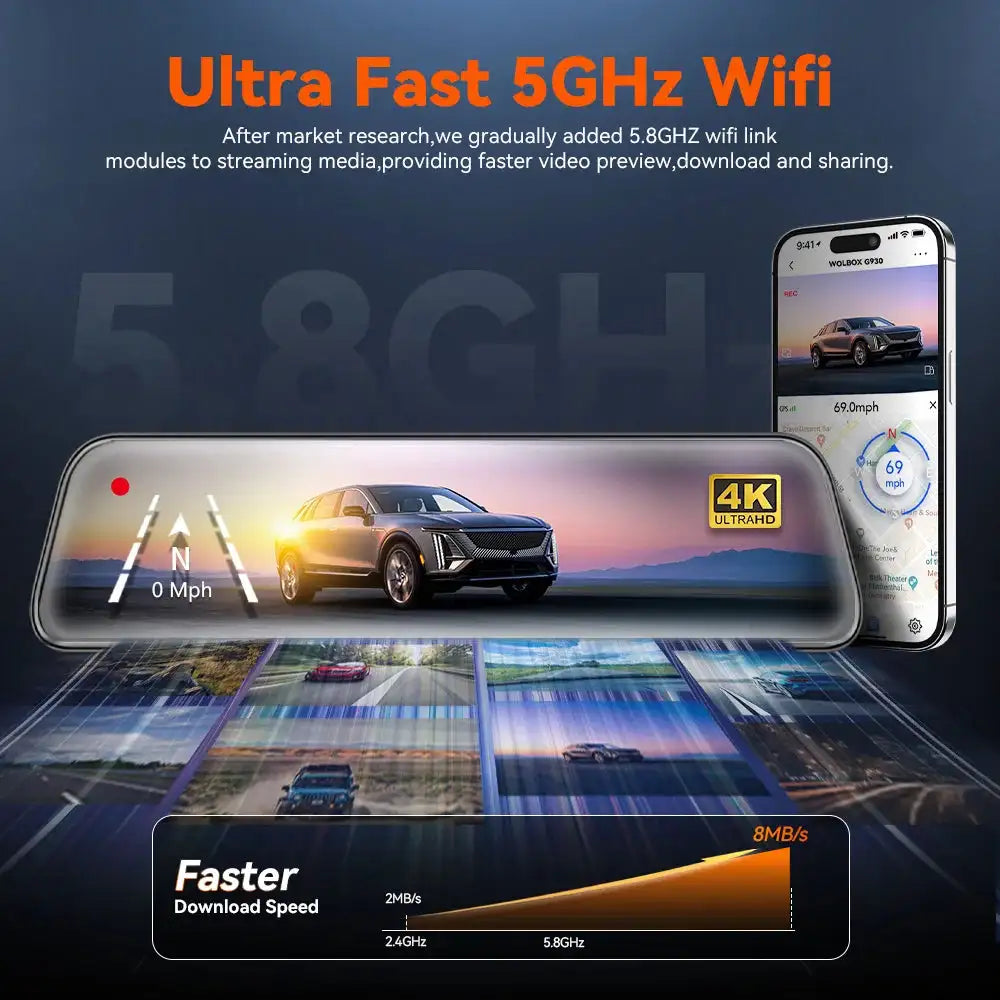 كاميرا داش كام الذيب لسيارة WOLFBOX G930 امامية و خلفية واي فاي 10 بوصة 4K مرآة ذكية GPS مراقبة 24 ساعة شاشة لمس Car Electronics