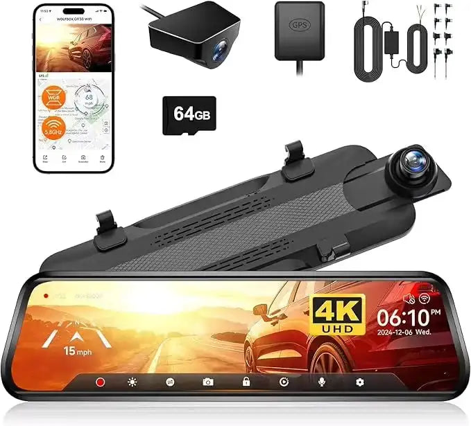 كاميرا داش كام الذيب لسيارة WOLFBOX G930 امامية و خلفية واي فاي 10 بوصة 4K مرآة ذكية GPS مراقبة 24 ساعة شاشة لمس داش كام مع كيبل مراقبة 24 ساعة خلال 3-4 ايام مجانا 64 جيجا Car Electronics