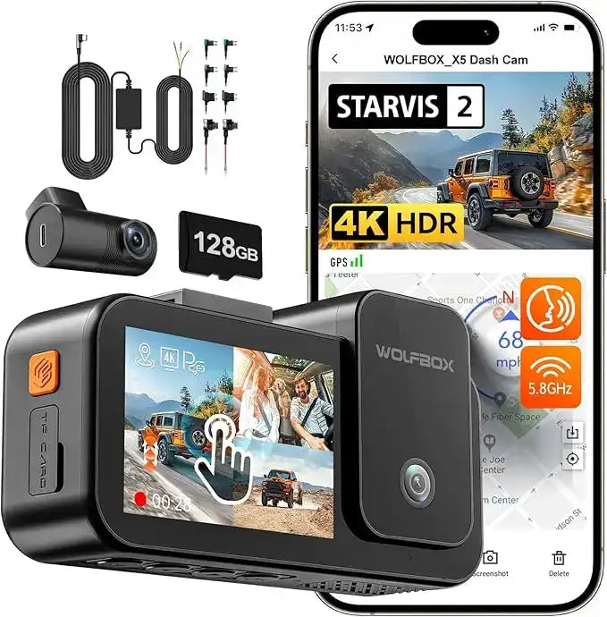 كاميرا سيارة WOLFBOX X5 ثلاثية القنوات 4K - داش كام STARVIS 2 IMX678 بدقة 4K+2.5K، كاميرا أمامية وخلفية وداخلية، واي فاي 5.8 جيجاهرتز، مرآة DVR داش كام ذكية الذيب sweety1 داش كام
